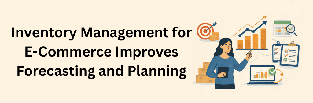 Illustration highlighting e-commerce inventory forecasting and planning using sales charts, performance analytics, and organized stock management.