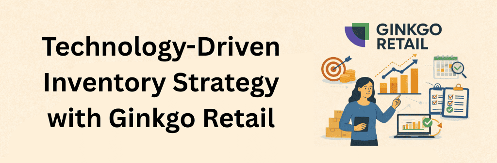 Illustration showing Ginkgo Retail inventory management solution with forecasting and planning analytics, featuring growth charts, demand forecasting calendar, completed checklists, warehouse stock, and data-driven e-commerce performance insights